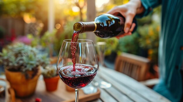 De hand van een vrouwelijke eigenaar wordt getoond terwijl ze rode wijn in een glas op een tafel in de achtertuin giet