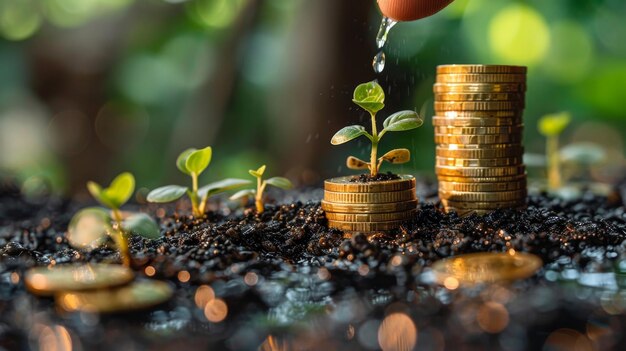 Foto de hand van een zakenman houdt munten vast en laat een plant groeien op een stapel geld.