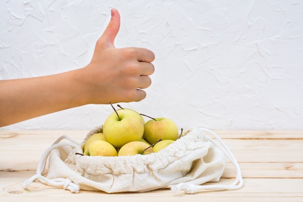 De hand van kinderen toont ok over een canvaszak op banden met appelen op natuurlijk hout. Zero waste