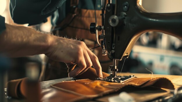 De handen van ambachtslieden maken nauwgezet lederen goederen, een bewijs van vakkundig vakmanschap.