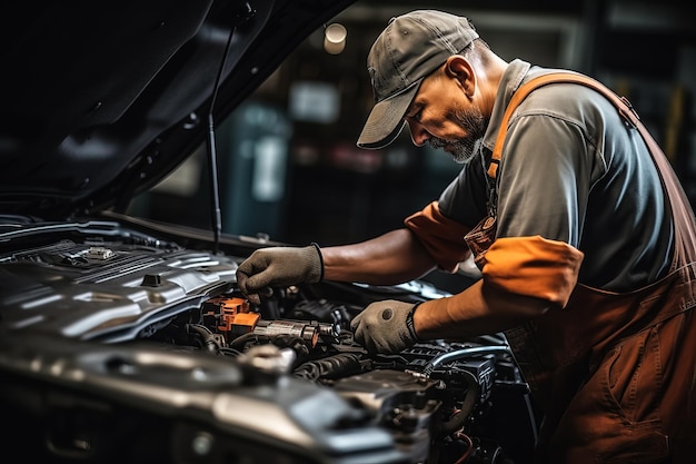 De handen van automonteurs werken aan reparatie en onderhoud van elektrische batterijen