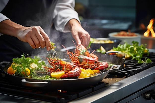 De handen van de chef koken kreeft in de keuken van het restaurant