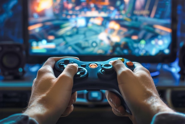 De handen van de spelers bedienen een game controller met het spel scherm op de achtergrond