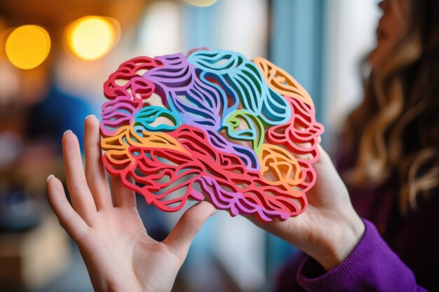 De handen van de vrouw houden zachtjes een kleurrijk brein vast, dat de rijkdom van de neurodiversiteit en het onderscheidend vermogen van mensen symboliseert.