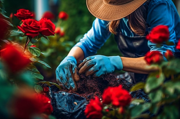 De handen van de vrouw in handschoenen die bloemen planten