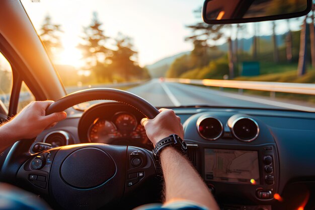 Foto de handen van een auto-chauffeur die het stuur stevig vasthoudt tijdens een wegreis