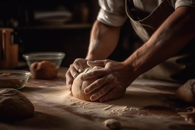 De handen van een bakker die deeg kneden