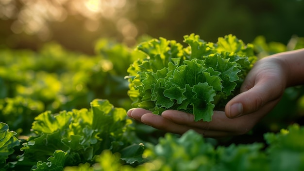 De handen van een boer plukken de levendige groene sla bladeren tegen de achtergrond van zonneschijnende velden