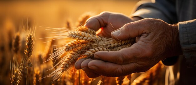 Foto de handen van een boer storten een handvol tarwegranen in een tarweveld