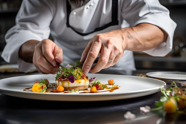 De handen van een chef-kok bereiden een kenmerkend gerecht met precisie en flair waarin culinaire expertise wordt getoond