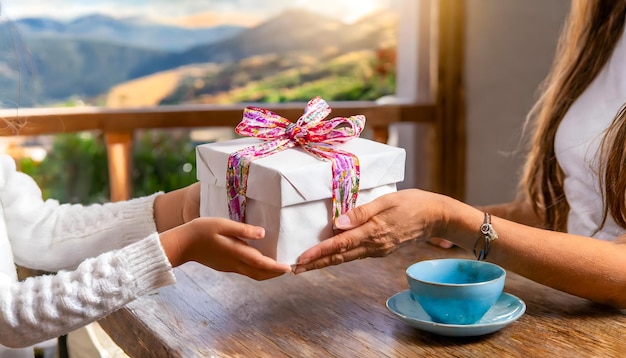 De handen van een dochter die een geschenk geeft aan haar moeder op het feest van Moedersdag