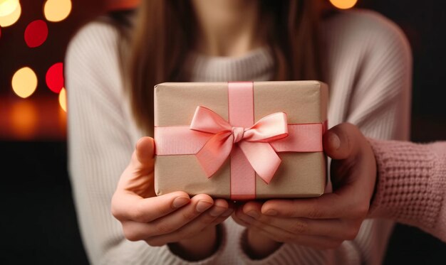 De handen van een jonge vrouw ontvangen een geschenkdoos van de handen van een liefhebbende man verrassing op Valentijnsdag