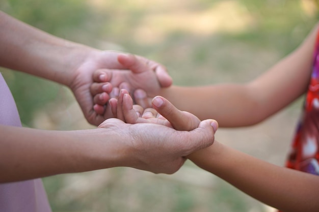 De handen van een kind en een moeder bundelen hun krachten