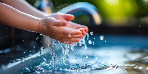 De handen van een kind reiken gretig naar water uit een lopende kraan