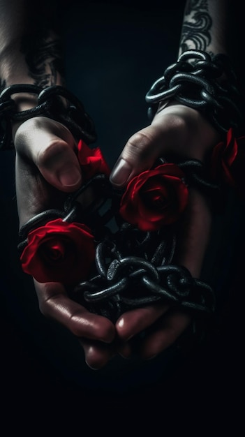 Foto de handen van een man zijn gewikkeld in kettingen met rode rozen erop.