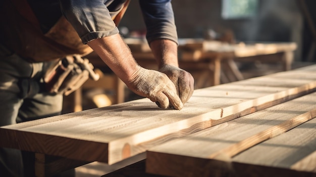 De handen van een timmerman die met hout werkt in zijn timmerwerkplaats