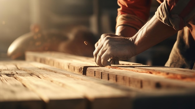 De handen van een timmerman die met hout werkt in zijn timmerwerkplaats