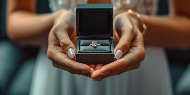 De handen van een vrouw die een diamanten ringdoos met verwachting vasthoudt