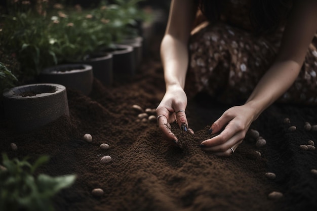 De handen van een vrouw die zaden plant in een tuin die duurzaamheid en milieuvriendelijke praktijken vertegenwoordigt