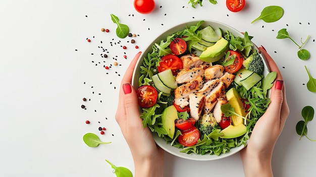 De handen van een vrouw houden een reeks gegrilde avocado kip salade Generatieve AI