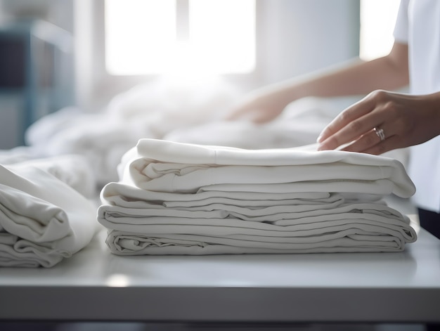 De handen van een wasserette-eigenaar die zorgvuldig net gereinigde kleding vouwt Generatieve AI