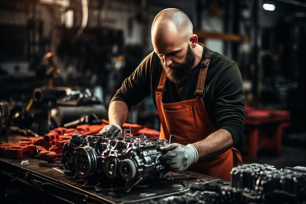 De handen van mannelijke monteurs werken aan de motor van een auto met werkplaatsachtergrond