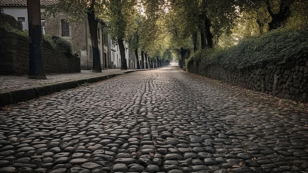 De harde kasseien op een eeuwenoude weg AI gegenereerd