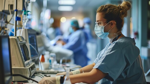 Foto de hartslag van de patiënten wordt op een computer gemonitord door een gelicentieerde hoofdverpleegster in een masker.