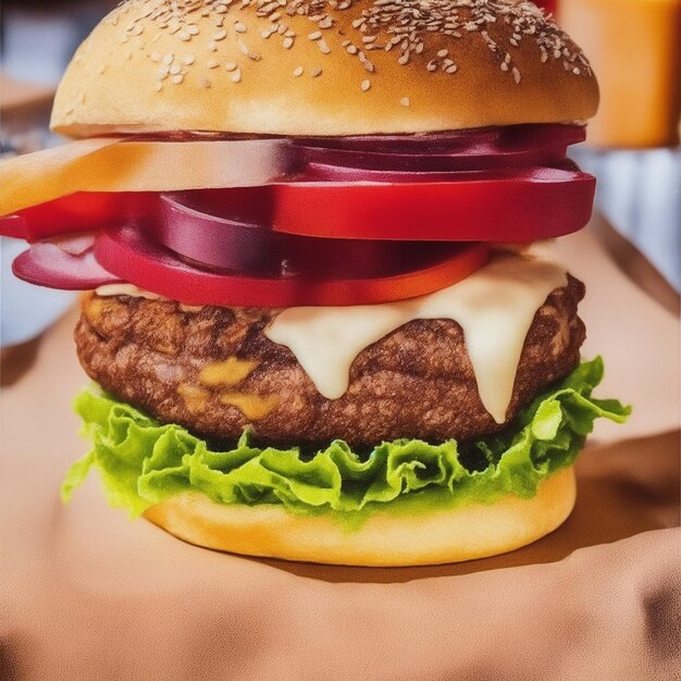 Foto de hedendaagse sappige grote burger vol toppings.