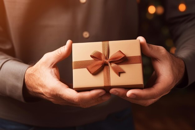 De heer presenteert een geschenkdoos met een lint als symbool van bedachtzaamheid.