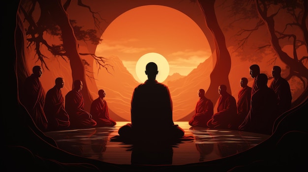 De Heer van de Boeddha bemiddelde met een menigte schaduwachtige monniken