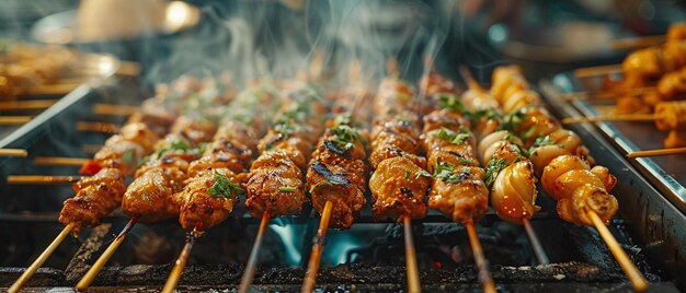 Foto de heerlijke en sappige grilled meat skewers zijn perfect voor een zomer cookout