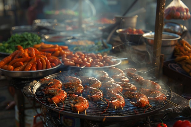 De heerlijke geur van sizzling straatvoedsel in exotische