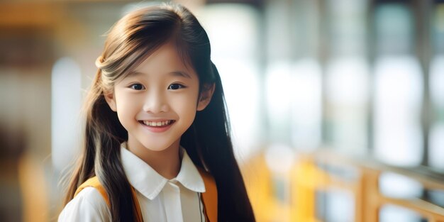 De heerlijke glimlach van een jong, gelukkig klein Aziatisch schoolmeisje.