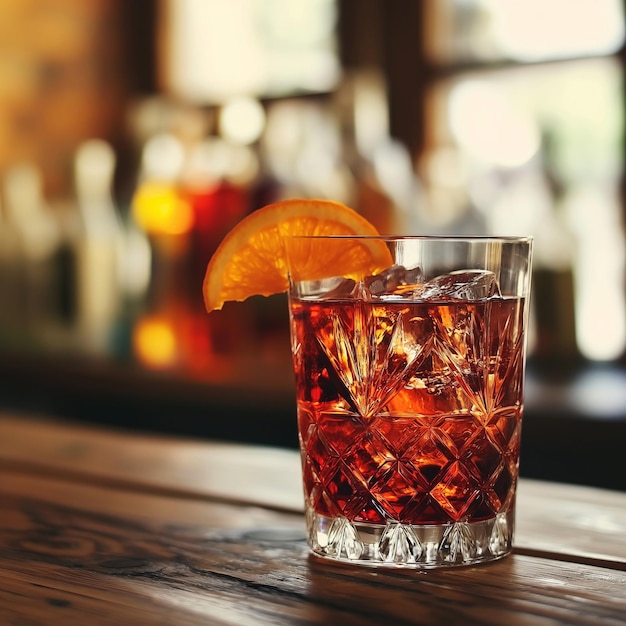 Foto de heerlijke ouderwetse cocktail in het gegraveerde glas met ijs en sinaasappel plakjes shallow dof