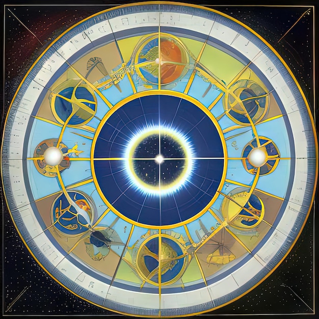 De hemelmechanica met ingewikkelde tandwielen en hemellichamen die de precisie en schoonheid van de kosmische mechanica symboliseren