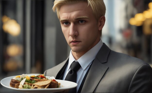 Foto de herbergier bedient in het restaurant en biedt gezonde en verse gerechten aan.