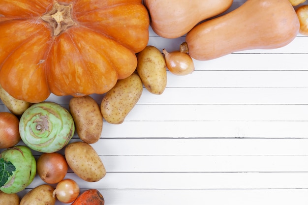 De herfstgroenten op witte houten oppervlaktelijst, hoogste mening