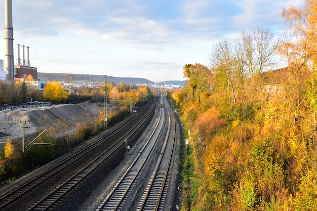 De herfstspoorweg trekt zich terug in de verte