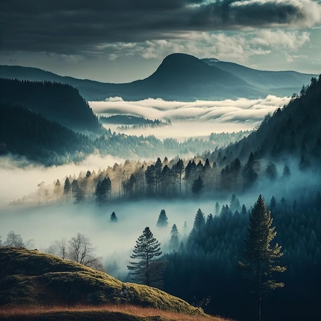 De heuvels steken uit boven de mist die de bosvallei bedekt en creëren een schilderachtig en mooi uitzicht op een bewolkte ochtend.