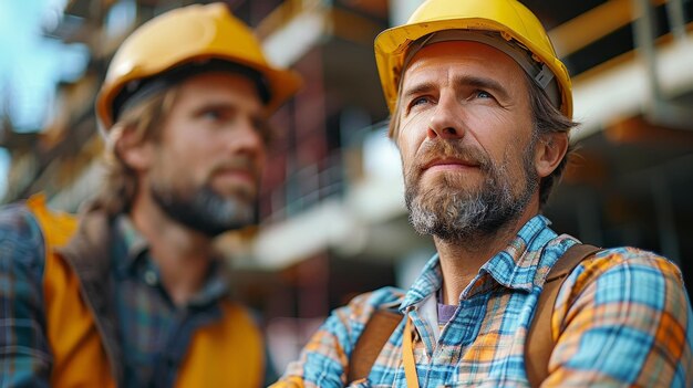 Foto de hipster zakenman en de eigenaar van een gebouw in aanbouw zijn van plan om zonnepanelen te bouwen om het gebouw van stroom te voorzien.