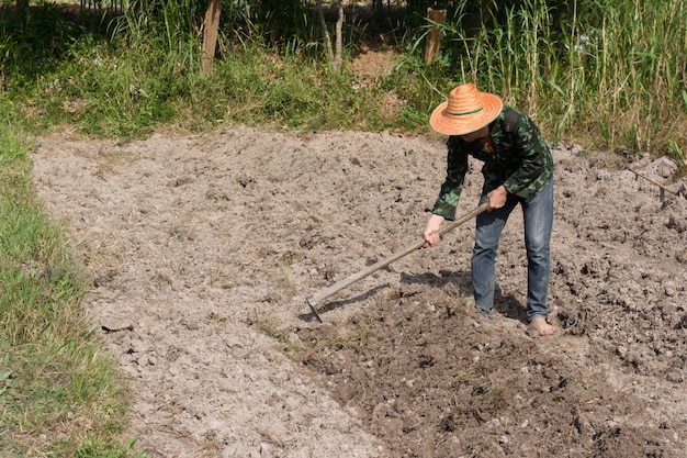 De holdingsspade van de mensenlandbouwer bij gebied in nakhon phanom, thailand