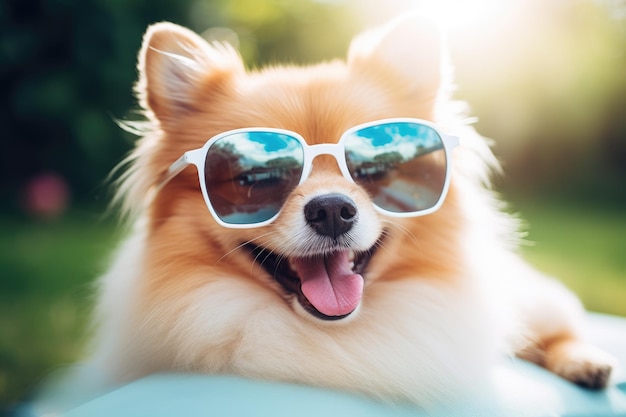 De hond draagt een zonnebril en ontspant zich in een strandstoel met een gevoel voor humor.