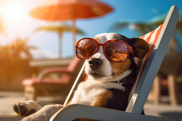 De hond draagt een zonnebril en ontspant zich in een strandstoel met een gevoel voor humor.