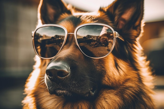 Foto de hond draagt een zonnebril en ontspant zich in een strandstoel met een gevoel voor humor.