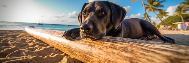 De hond geniet van een zomervakantie in een badplaats die rust op een zonnig strand Generatieve AI