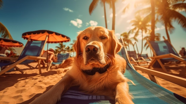 De hond geniet van een zomervakantie in een badplaats die rust op een zonnig strand Generatieve AI