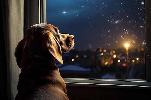 De hond keek uit het raam en keek naar het vuurwerk.