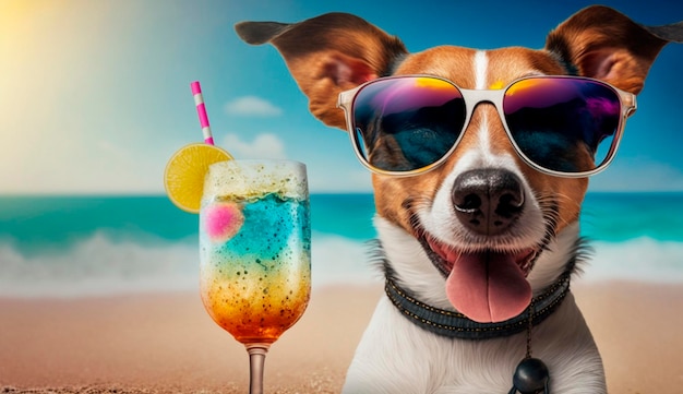 De hond op het strand ligt in een hangmat met een cocktail glimlacht gelukkig in zonnebril Generative AI