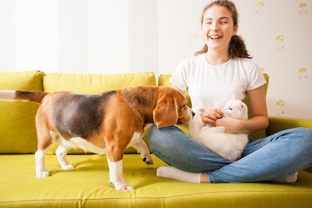 De hond snuffelt aan de kat